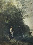 Jean Baptiste Camille  Corot Landscape with a peasant Girl grazing a Cow at the Edge of a Forest oil on canvas